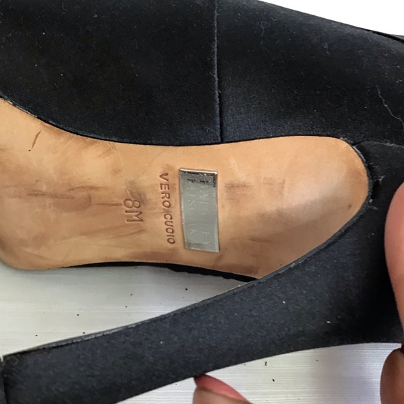 BADGLEY MISCHKA WOMEN ELEGANT BLACK SILK RHINESTONE BROACH OPEN TOE HEELS SZ 8M - Picture 7 of 7